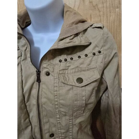 Womens Beige Utility Jacket Hood Snap Buttons Stud Detail Lightweight Casual S - Picture 4 of 16